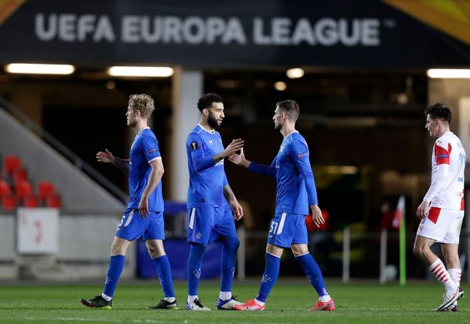 Soccer Football - Europa League - Round of 16 First Leg - Slavia Prague v Rangers - Sinobo Stadium, Prague, Czech Republic - March 11, 2021 Rangers' Connor Goldson shakes