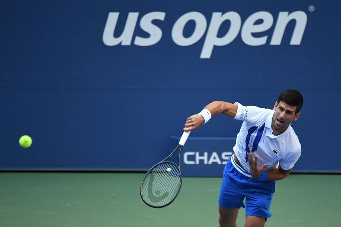 Sep 6, 2020; Flushing Meadows, New York, USA; Novak Djokovic of Serbia serves against Pablo Carreno Busta of Spain (not pictured) on day seven of the 2020 U.S. Open tenni