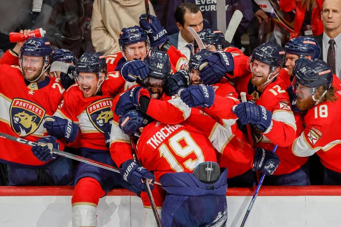 May 24, 2023; Sunrise, Florida, USA; Florida Panthers left wing Matthew Tkachuk (19) celebrates with teammates after scoring the game-winning goal against the Carolina Hu