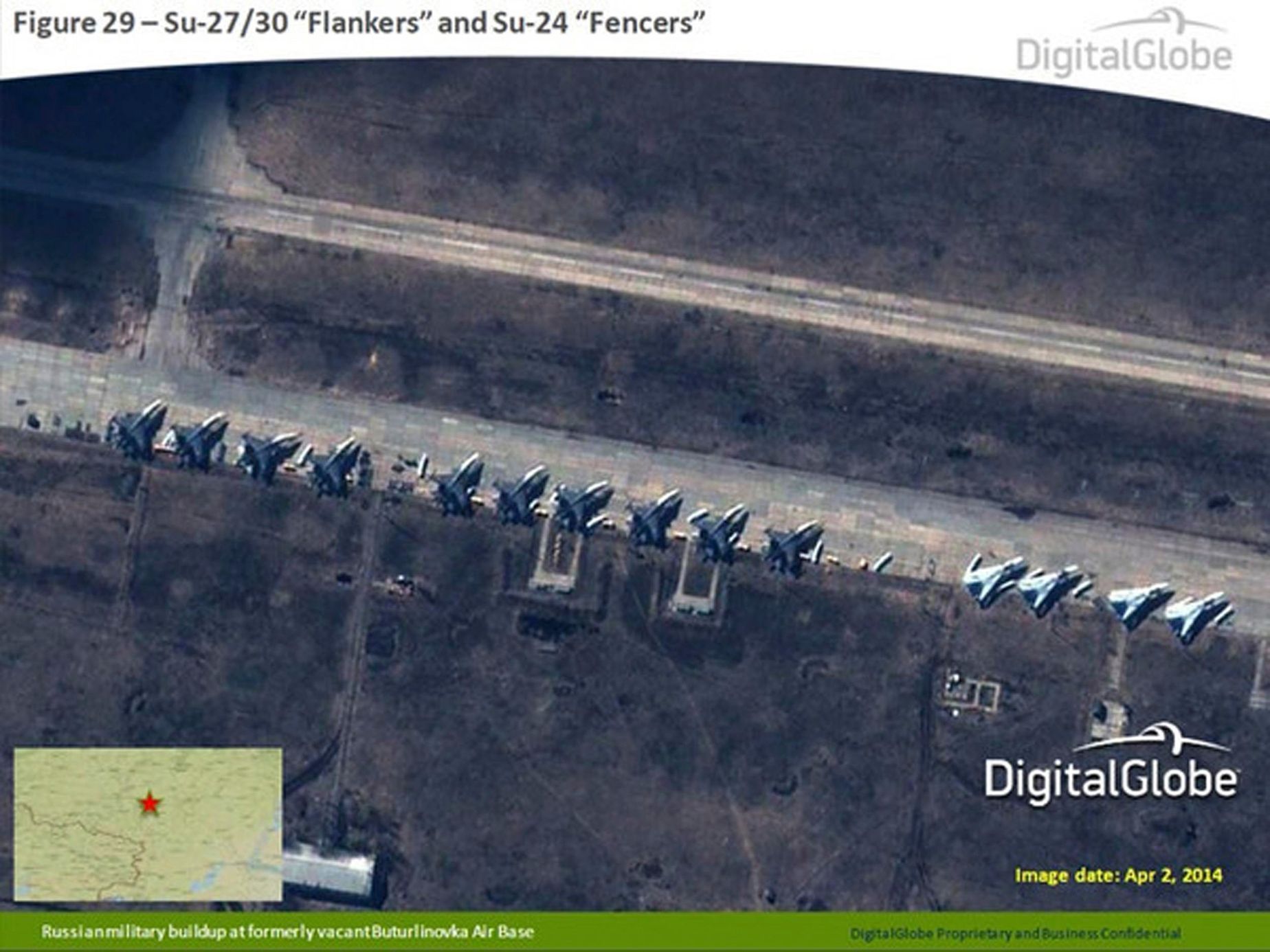 A satellite image provided to Reuters by SHAPE and taken by DigitalGlobe shows what is reported by SHAPE to be Russian Su-27/30 Flankers and Su-24 Fencers at a military base in Buturlinovka
