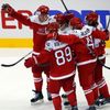 Denmark's players celebrate the goal of Bjorkstrand against the Czech Republic during the third period of their men's ice hockey World Championship Group A game at Chizhovka Arena in Minsk