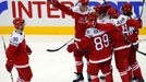 Denmark's players celebrate the goal of Patrick Bjorkstrand (obscured) against the Czech Republic during the third period of their men's ice hockey World Championship Gro