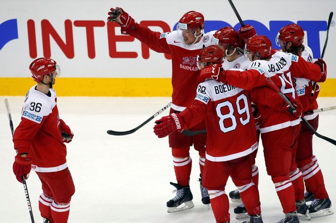 Denmark's players celebrate the goal of Patrick Bjorkstrand (obscured) against the Czech Republic during the third period of their men's ice hockey World Championship Gro