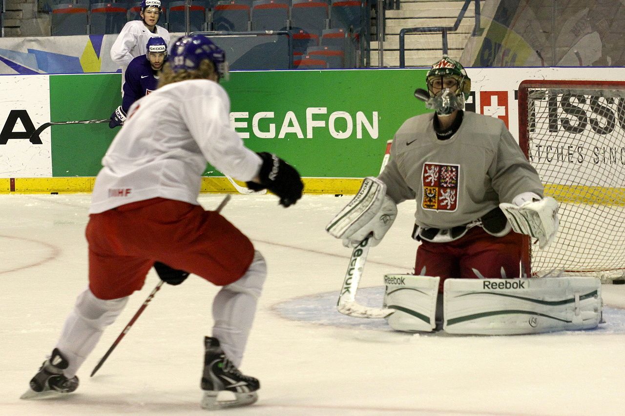 Hokej, MS 2013, český trénink: Jakub Voráček a Alexander Salák