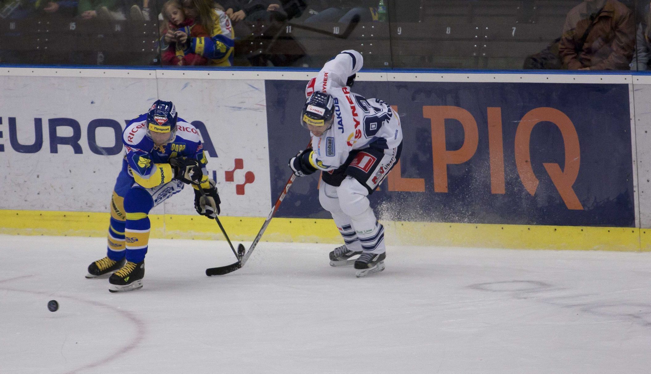Hokejista Liberce Petr Nedvěd v souboji s protihráčem v utkání se Zlínem v 19. kole Tipsport extraligy 2012/13.