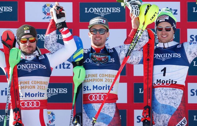 MS 2017 ve sjezdovém lyžování ve Svatém Mořici, kombinace mužů: Marcel Hirscher, Luca Aerni, Mauro Caviezel