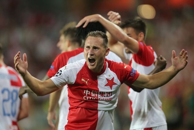 Jan Bořil slaví gól v zápase 4. předkola LM Slavia - Kluž