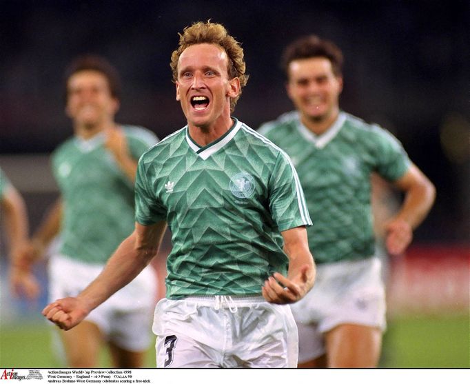 FILE PHOTO: Football - 1990 FIFA World Cup - Semi Final - West Germany v England - Stadio Delle Alpi, Turin - 4/7/90   Andreas Brehme of West Germany celebrates after sco