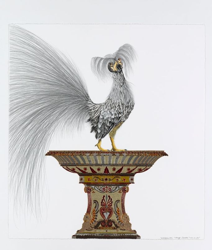 Rozmarná šelmička...COCK-A-LIKI. 2012, akvarel, grafit, akryl, email, třpytky, štras na papíře. 66.5 x 60.5 cm. Courtesy Galerie Thaddaeus Ropac, Paris-Salzburg. Foto: Prudence Cuming Associates Ltd.