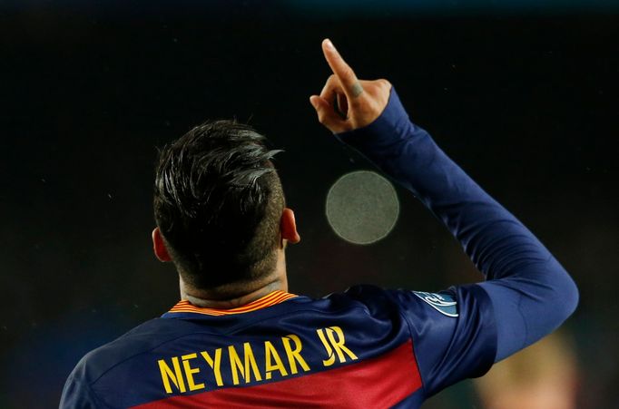 Neymar celebrates scoring the first goal for Barcelona