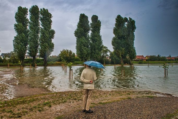 Muž pozoruje rozvodněou řeku Svratku v Židlochovicích na Brněnsku.