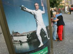 Czech actor Jan Tříska in a Hamlet-like pose on the Olympic campaign poster