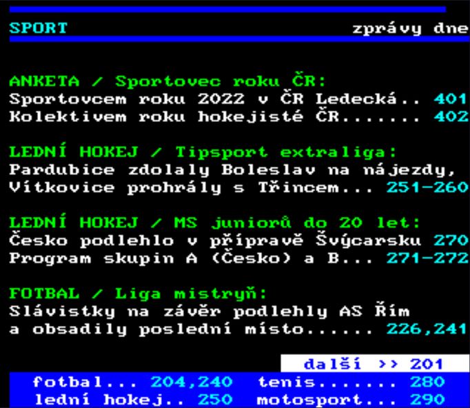 Sportovní stránka teletextu České televize.