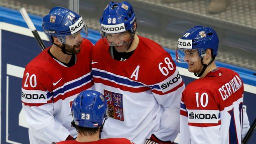 Jaromir Jagr of the Czech Republic (C) celebrates his goal against Germany with team mates during the third period of their men's ice hockey World Championship Group A ga