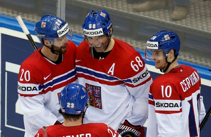 Jaromir Jagr of the Czech Republic (C) celebrates his goal against Germany with team mates during the third period of their men's ice hockey World Championship Group A ga