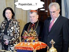 Jeden z mnoha internetových vtipů na Zemanovu indispozici při vyzvedávání korunovačních klenotů.