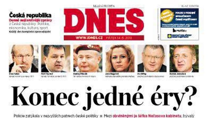 Titulní strana Mladé fronty Dnes ze 14. června 2013.