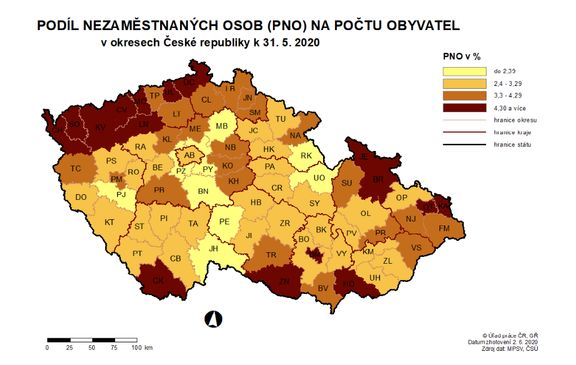 Podíl nezaměstnaných osob na počtu obyvatel v okresech ČR k 31. 5. 2020