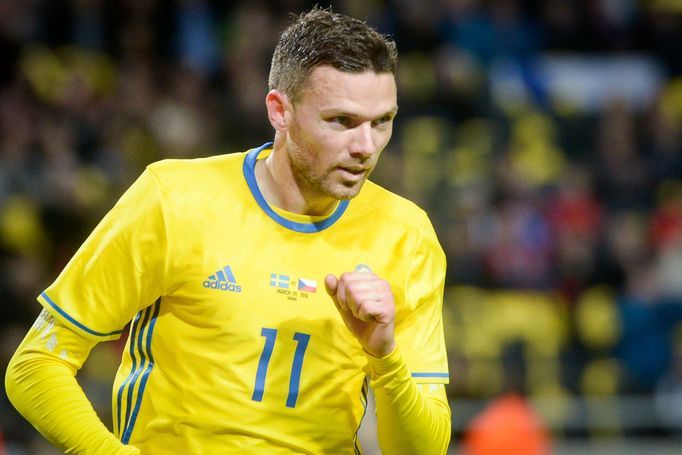 Sweden's Marcus Berg celebrates scoring the opening goal during the friendly soccer match between Sweden and Czech Republic at Friends Arena in Stockholm