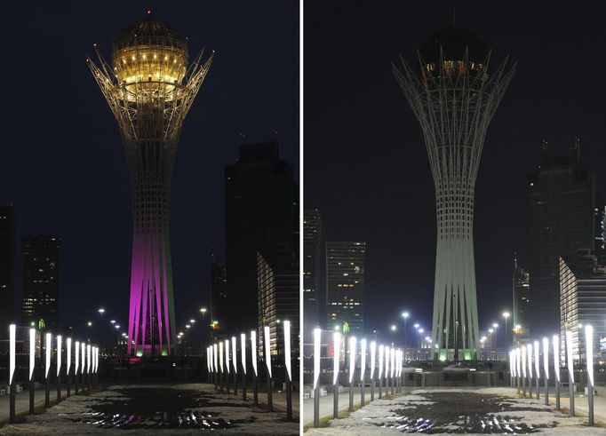 Kazachstán, metropole Astana. Hodina Země při pohledu na 97 metrů vysoký nomument Bajterek.