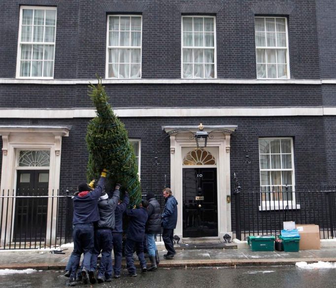 Instalace vánočního stromu před slavným vchodem v Downing Street 10 v centru Londýna.