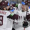 Lotyši slaví gól v zápase Lotyšsko - Kanada na MS 2021