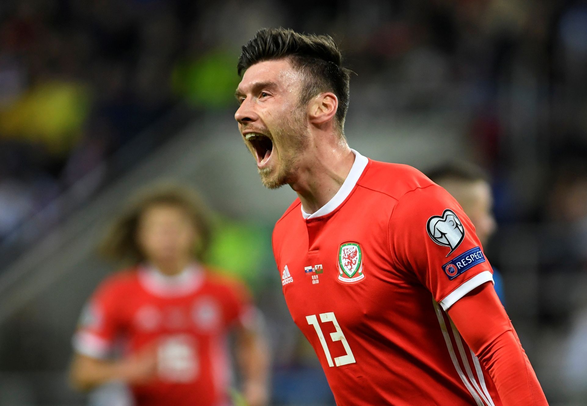fotbal, kvalifikace ME 2020, Slovensko - Wales, Kieffer Moore slaví gól