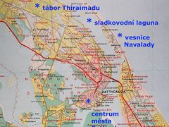 Mapa pobřeží u města Batticaloa na východě Srí Lanky.