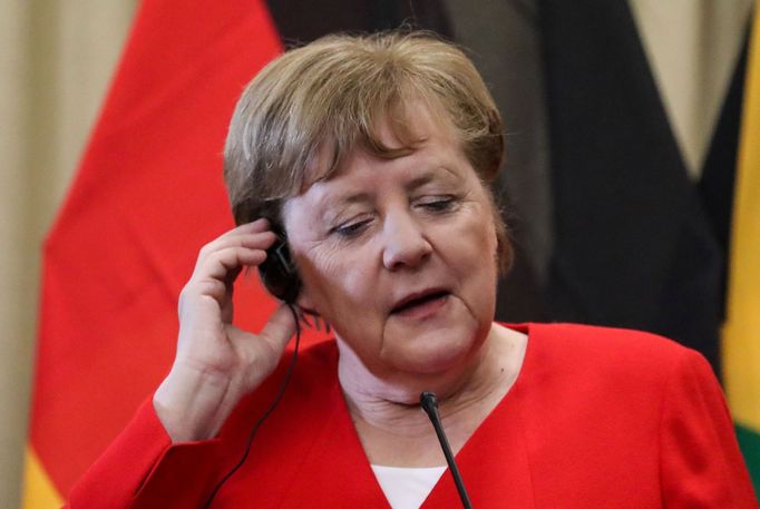 German Chancellor Angela Merkel gestures during a media briefing at the Union Buildings in Pretoria, South Africa February 6, 2020. REUTERS/Siphiwe Sibeko