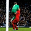 Liverpool's Suarez collides with Manchester City's Hart during their English Premier League soccer match in Manchester