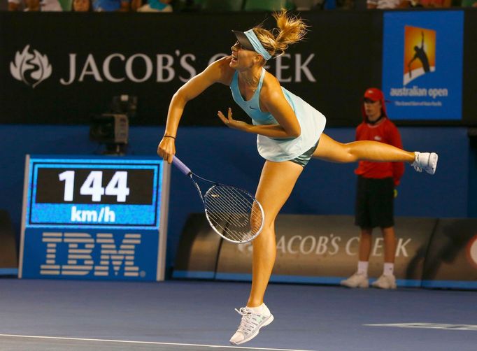 Maria Sharapova of Russia serves to Bethanie Mattek-Sands of the United States during their women's singles match at the Australian Open 2014 tennis tournament in Melbour