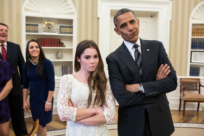 Nov. 15, 2012 "The President had just met with the U.S. Olympics gymnastics team, who because of a previous commitment had missed the ceremony earlier in the year with the entire U.S. Olympic team. The President suggested to McKayla Maroney that they recreate her 'not impressed' photograph before they departed."