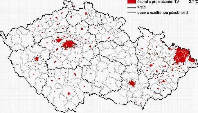 Mapa znázorňuje, kde byly loni překračovány cílové imisní limity pro ochranu zdraví (bez přízemního ozonu)