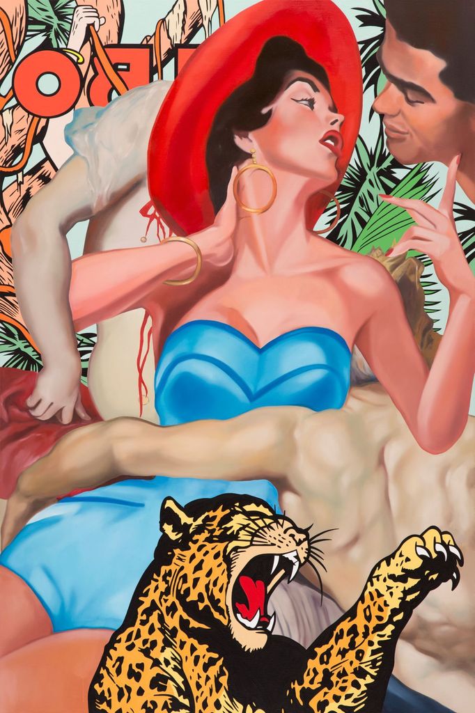 Pasta Oner: Jaguar and Passion, 180 × 120 cm, olej a akryl na plátně, 2019, soukromá sbírka.