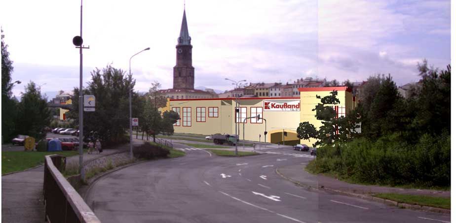 Dobový nákres ukazuje, jak nákupní centrum zakryje výhled na historické centrum Frýdku-Místku. Za halou vykukuje věž kostela sv. Jana Křtitele.