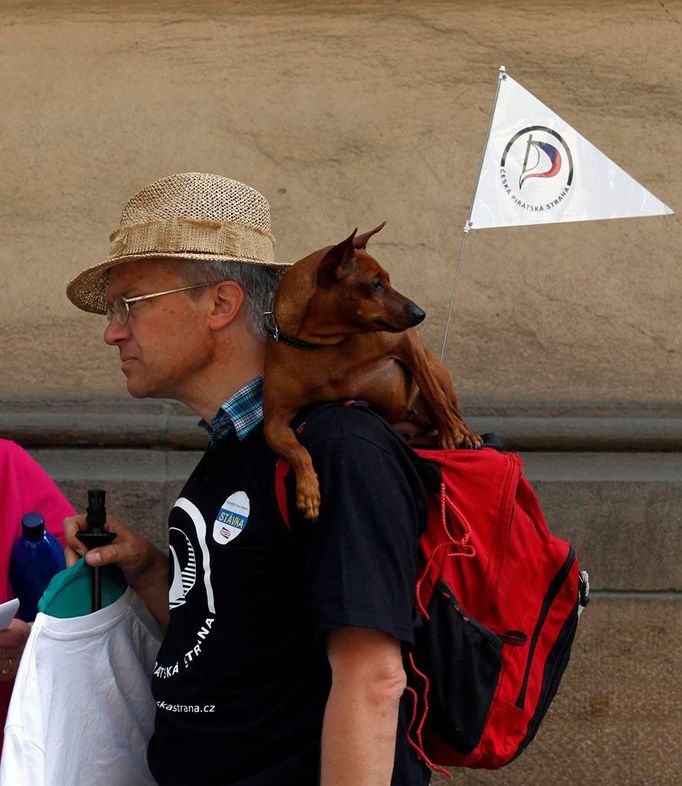 Demonstrovat proti plánům kabinetu Petra Nečase přišel pán a jeho pes.