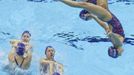 The Great Britain synchronised swimming team practise a routine at the Olympic Park in Stratford, East London