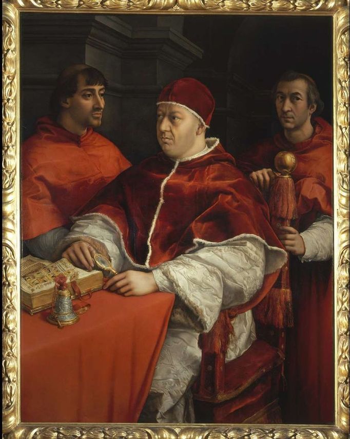 Raffael Santi: Papež Lev X. s kardinály Giuliem de Medici a Luigim de Rossi, 1518 až 1519