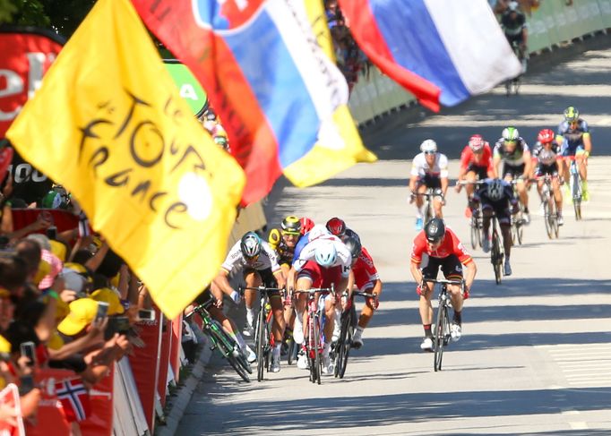 Tour de France, 4. etapa: Pád Marka Cavendishe po té, co ho srazil loktem Peter Sagan.