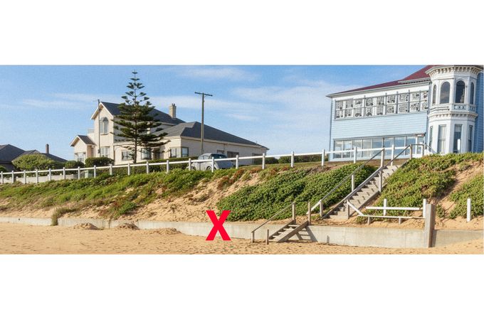 Křížek označuje místo na pláži Somerton v Adelaide, kde bylo 1. prosince 1948 nalezeno tělo neznámého muže, známého jako Somertonský muž. Kolorováno