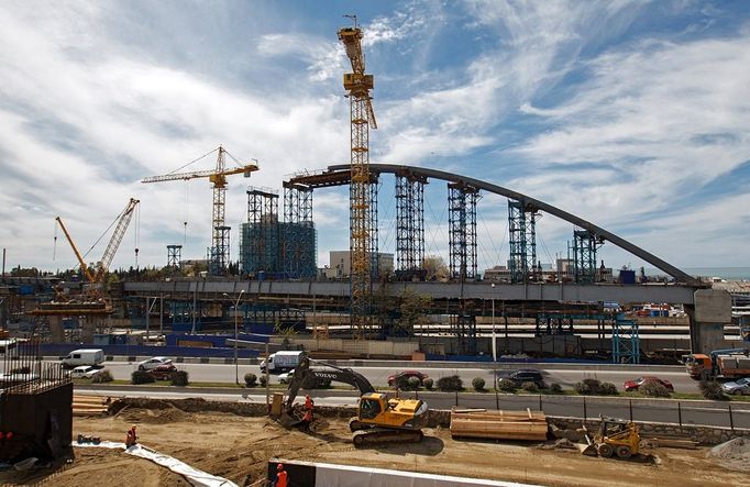 Construction is underway on Sochi's Olympic facilities in Sochi's Imereti Valley 1434831 Russia, Sochi. 04/03/2013 Construction is underway on the main media center in Sochi's Olympic Park.