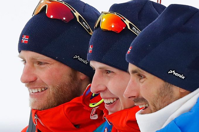 ZOH 2018, skiatlon M: Martin Johnsrud Sundby, Simen Hegstad Krüger a  Hans Christer Holund