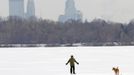 A man walks his dog across Lake Harriet near Minneapolis (background) January 23, 2013. The Upper Midwest remains locked in a deep freeze, with bitter sub-zero temperatures and wind chills stretching into a fourth day across several states due to waves of frigid Arctic air. REUTERS/Eric Miller (UNITED STATES - Tags: ENVIRONMENT) Published: Led. 23, 2013, 8:04 odp.