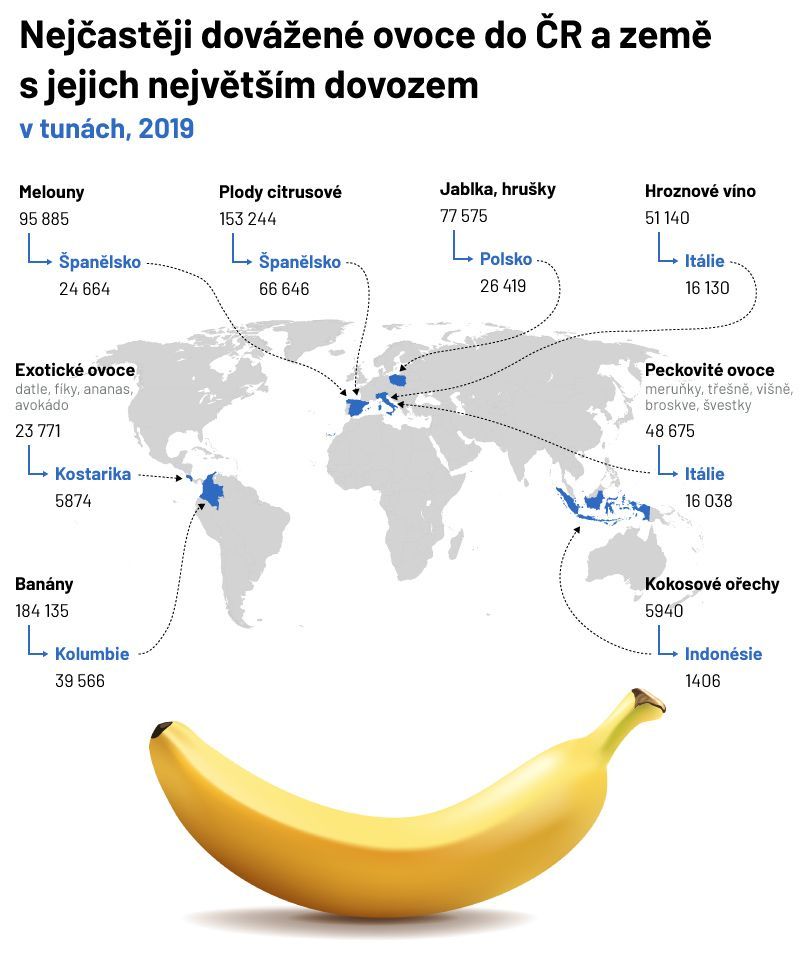 Nejčastěji dovážené ovoce do ČR a země s jejich největším dovozem