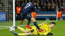 Chelsea's Thibaut Courtois saves from Paris St Germain's Maxwell