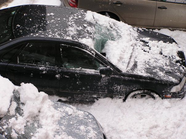 Těžký sníh poničil několik aut, v tomto případě v Praze-Dejvicích