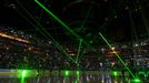 Jun 4, 2014; Los Angeles, CA, USA; A general view of a pre-game light and laser show before game one of the 2014 Stanley Cup Final between the Los Angeles Kings and New Y