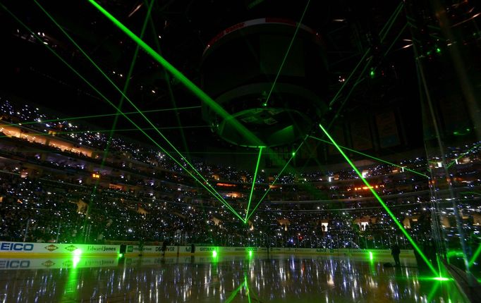 Jun 4, 2014; Los Angeles, CA, USA; A general view of a pre-game light and laser show before game one of the 2014 Stanley Cup Final between the Los Angeles Kings and New Y