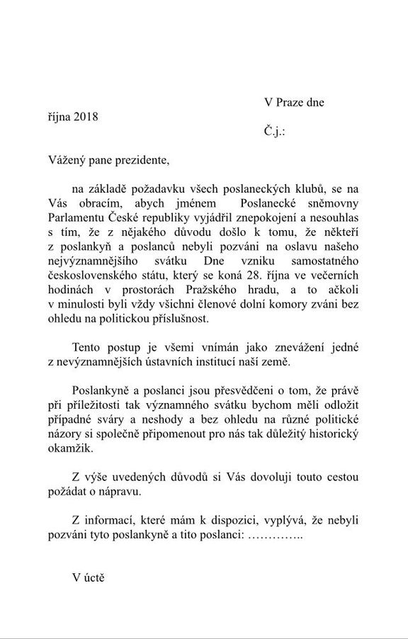 Dopis, ve kterém poslanci žádají nápravu po prezidentovi, který některé poslance nepozval na Pražský hrad ku příležitosti oslav založení republiky.