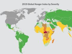 Středoafrická republika označená červenou barvou na mapě Global Hunger Index.